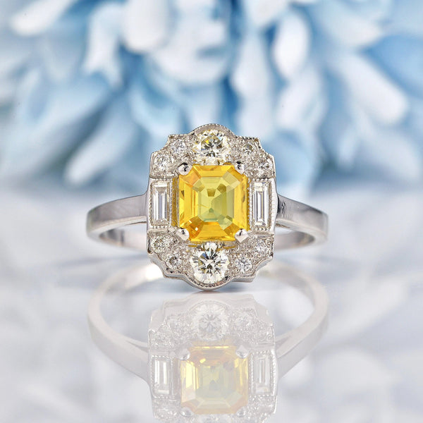 Ellibelle Jewellery Art Deco Style Yellow Sapphire & Diamond Platinum Panel Ring