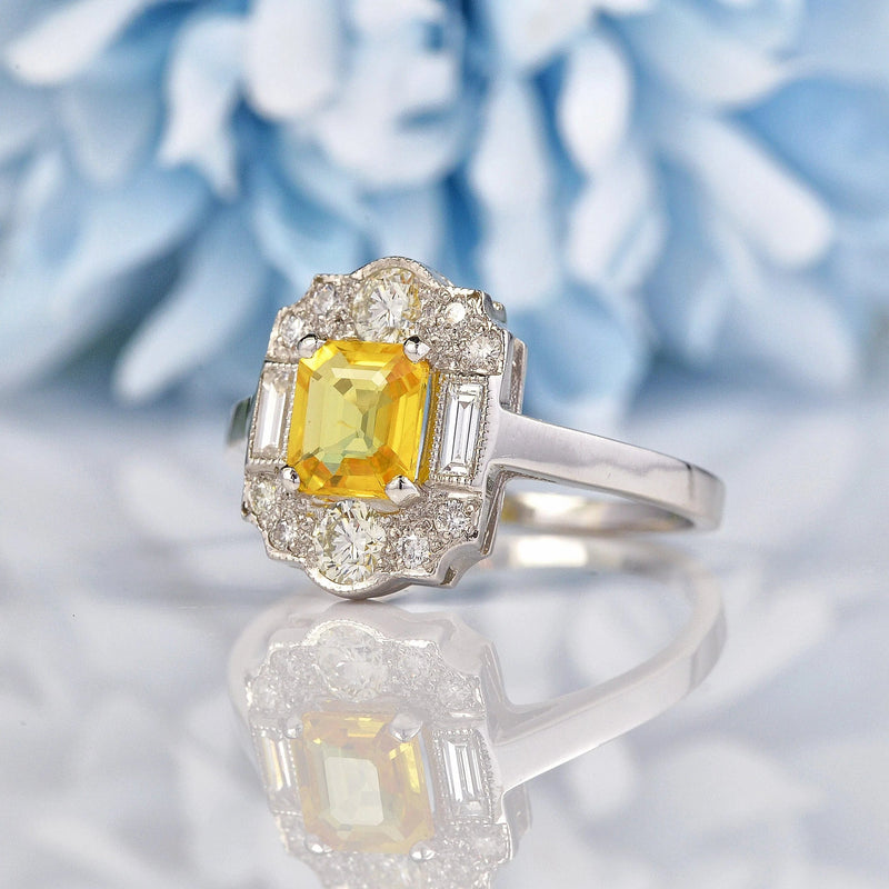 Ellibelle Jewellery Art Deco Style Yellow Sapphire & Diamond Platinum Panel Ring