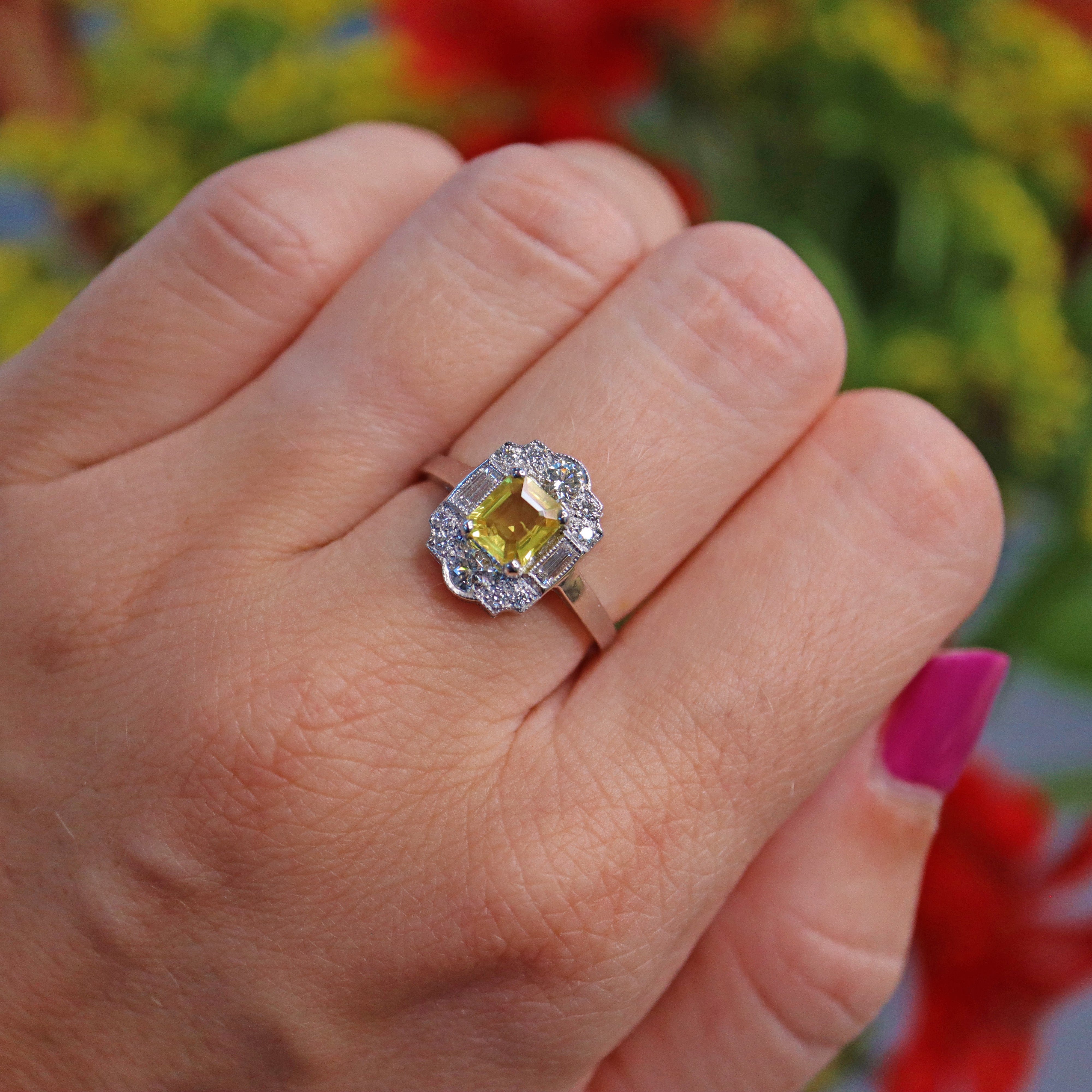 Ellibelle Jewellery Art Deco Style Yellow Sapphire & Diamond Platinum Panel Ring