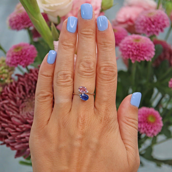 Ellibelle Jewellery Blue & Pink Sapphire White Gold Toi et Moi Ring