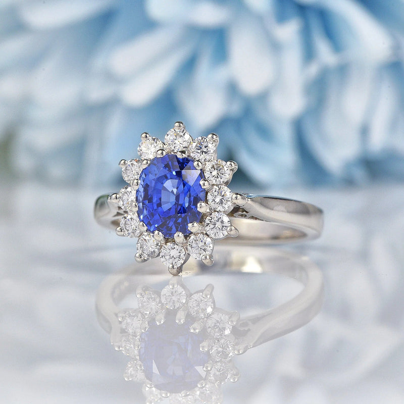 Ellibelle Jewellery Blue Sapphire & Diamond Platinum Oval Cluster Ring