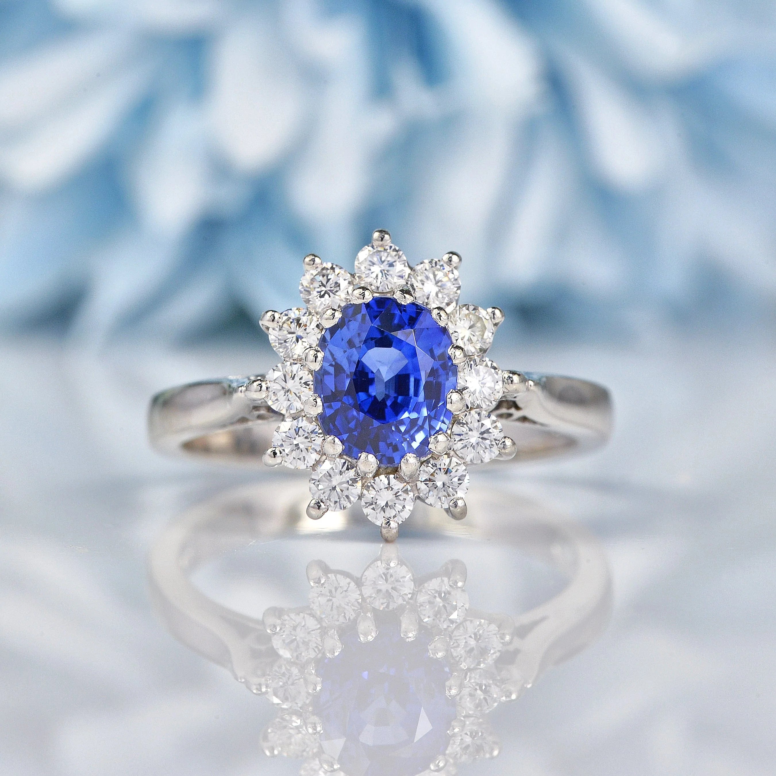 Ellibelle Jewellery Blue Sapphire & Diamond Platinum Oval Cluster Ring