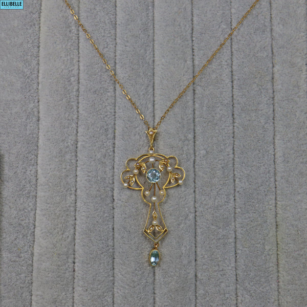 EDWARDIAN AQUAMARINE & PEARL GOLD PENDANT NECKLACE