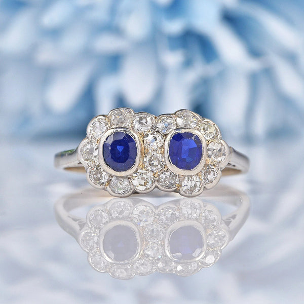 Ellibelle Jewellery Edwardian Blue Sapphire & Diamond Double Cluster Ring