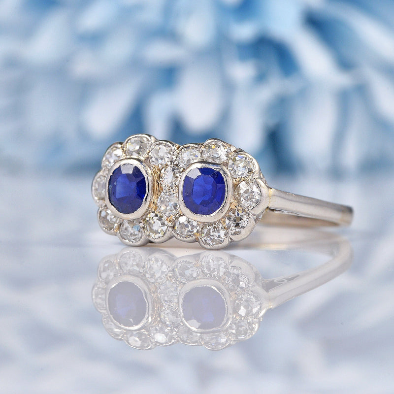 Ellibelle Jewellery Edwardian Blue Sapphire & Diamond Double Cluster Ring