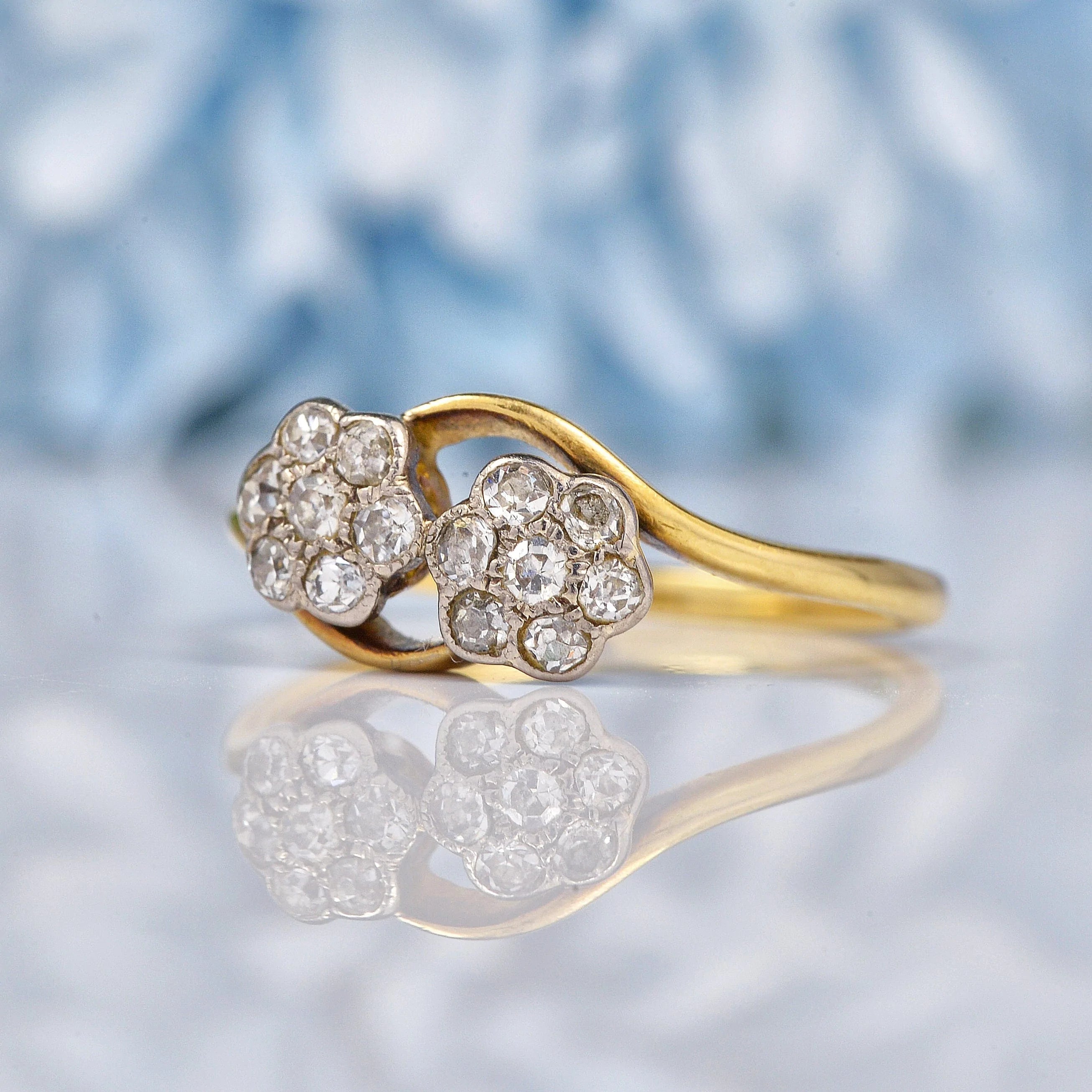 Ellibelle Jewellery Edwardian Diamond 18ct Gold Double Daisy Cluster Ring