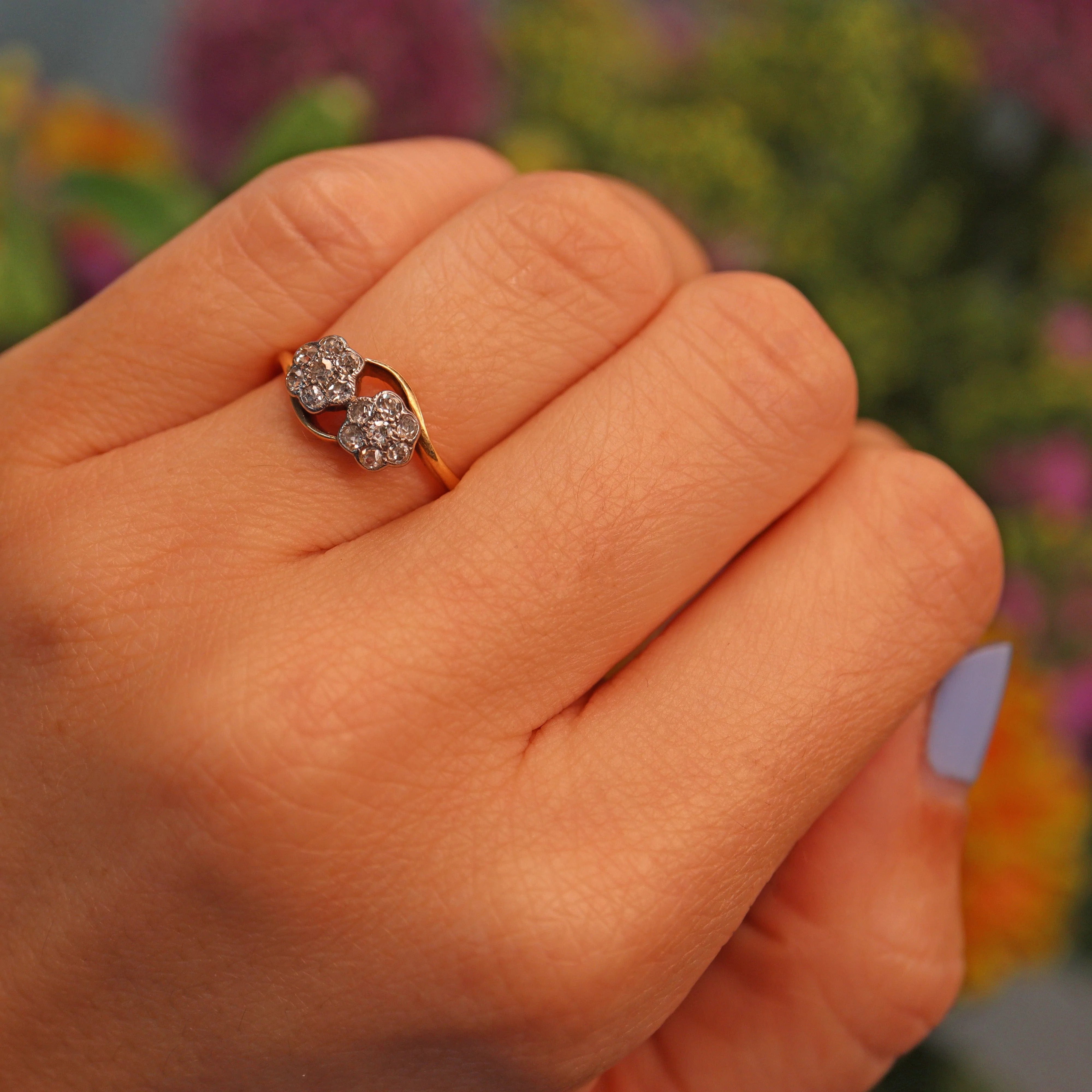 Ellibelle Jewellery Edwardian Diamond 18ct Gold Double Daisy Cluster Ring