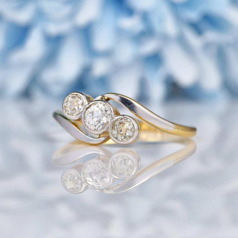 Ellibelle Jewellery Edwardian Diamond 18ct Gold Three Stone Bezel Ring