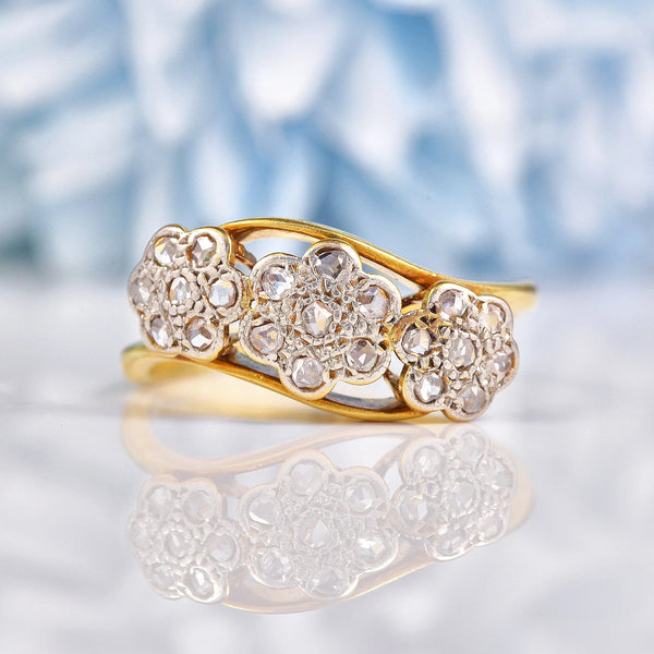 Ellibelle Jewellery Edwardian Diamond 18ct Gold Triple Daisy Cluster Ring