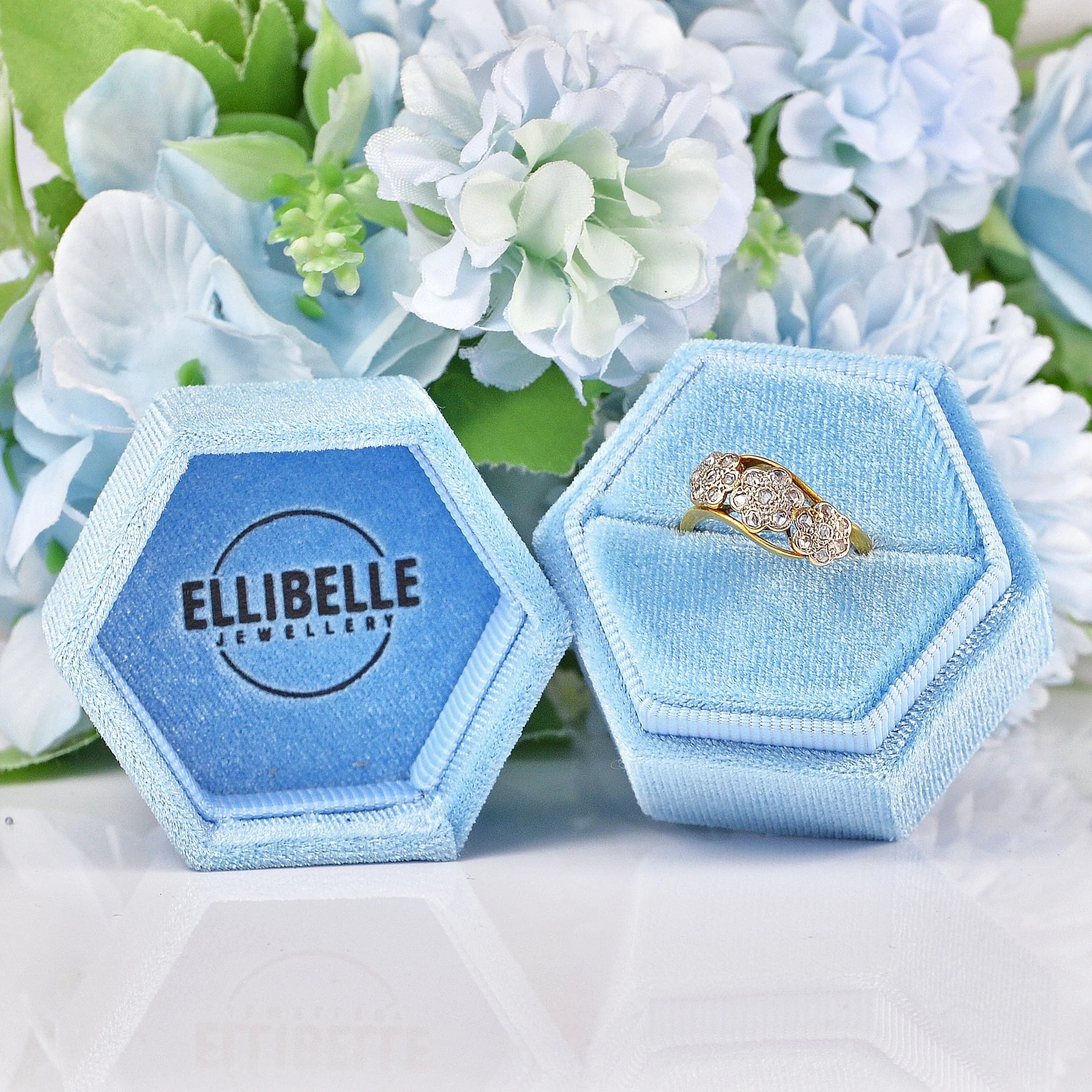 Ellibelle Jewellery Edwardian Diamond 18ct Gold Triple Daisy Cluster Ring