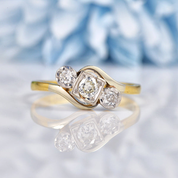 Ellibelle Jewellery Edwardian Diamond Gold & Platinum Three Stone Crossover Ring (0.30ct)