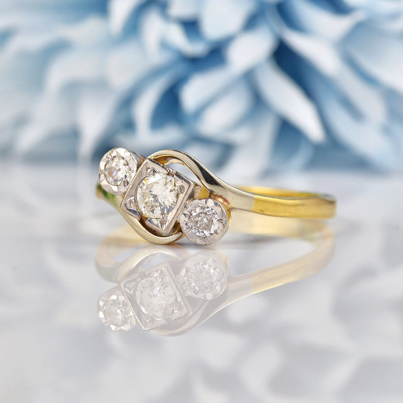 Ellibelle Jewellery Edwardian Diamond Gold & Platinum Three Stone Crossover Ring (0.30ct)