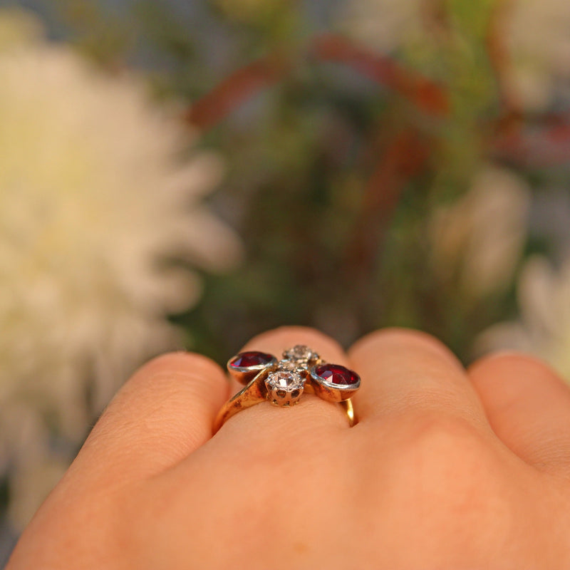 Ellibelle Jewellery Edwardian Garnet & Diamond 18ct Gold Crossover Ring