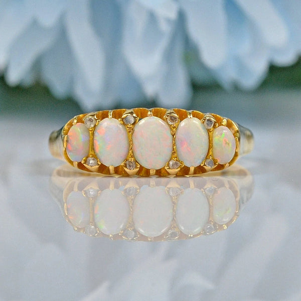 EDWARDIAN OPAL & DIAMOND 18CT GOLD FIVE STONE RING