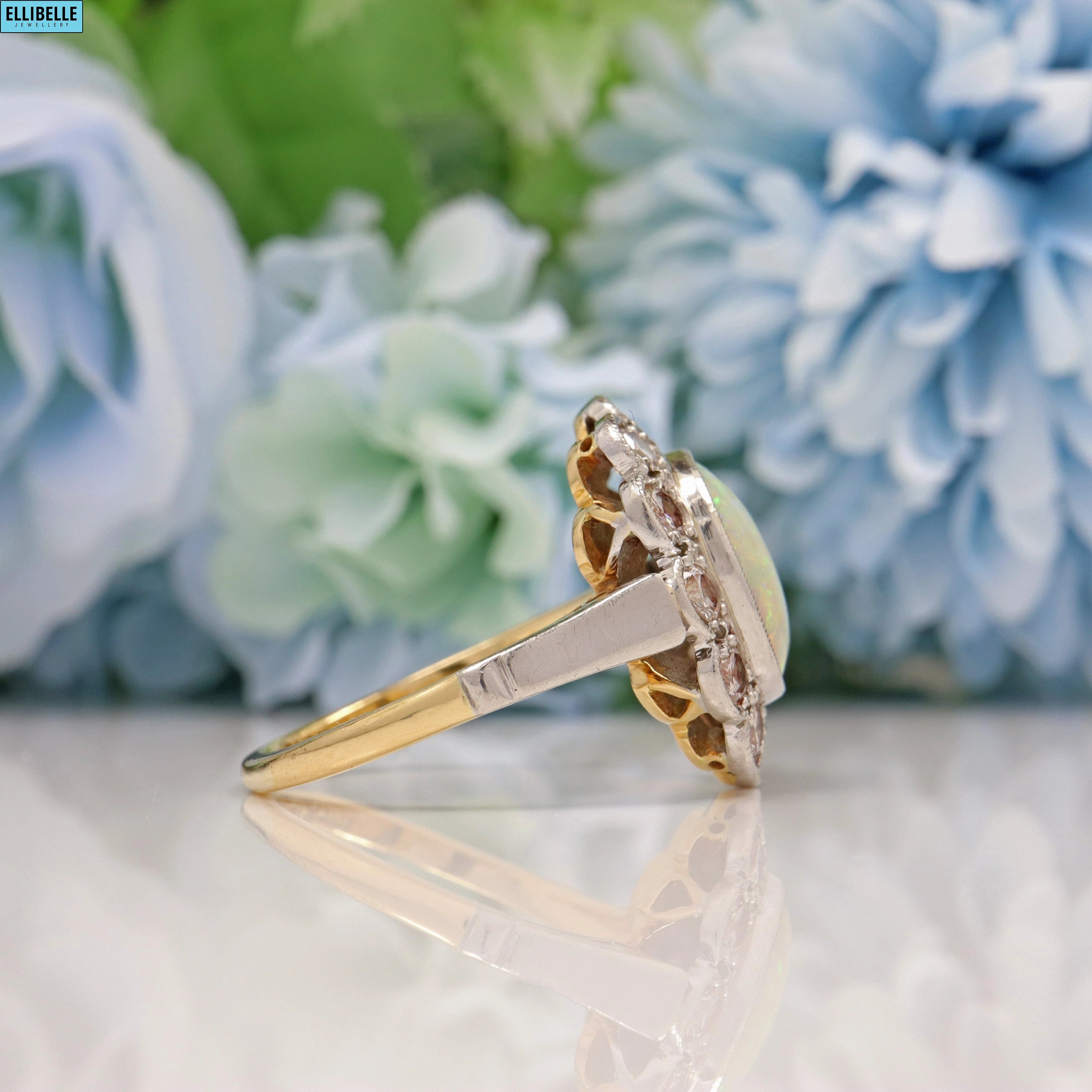 Ellibelle Jewellery EDWARDIAN OPAL & DIAMOND 18CT GOLD HALO CLUSTER RING