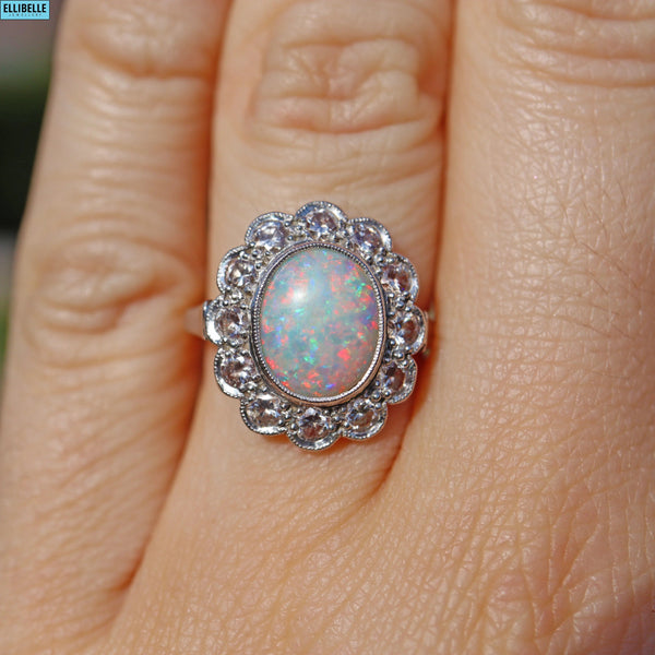 Ellibelle Jewellery EDWARDIAN OPAL & DIAMOND 18CT GOLD HALO CLUSTER RING