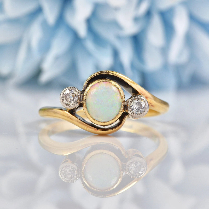 Ellibelle Jewellery Edwardian Opal & Diamond Three Stone Crossover Ring