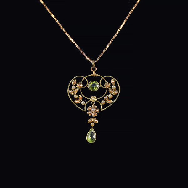 Ellibelle Jewellery EDWARDIAN PERIDOT & PEARL 15CT GOLD PENDANT NECKLACE