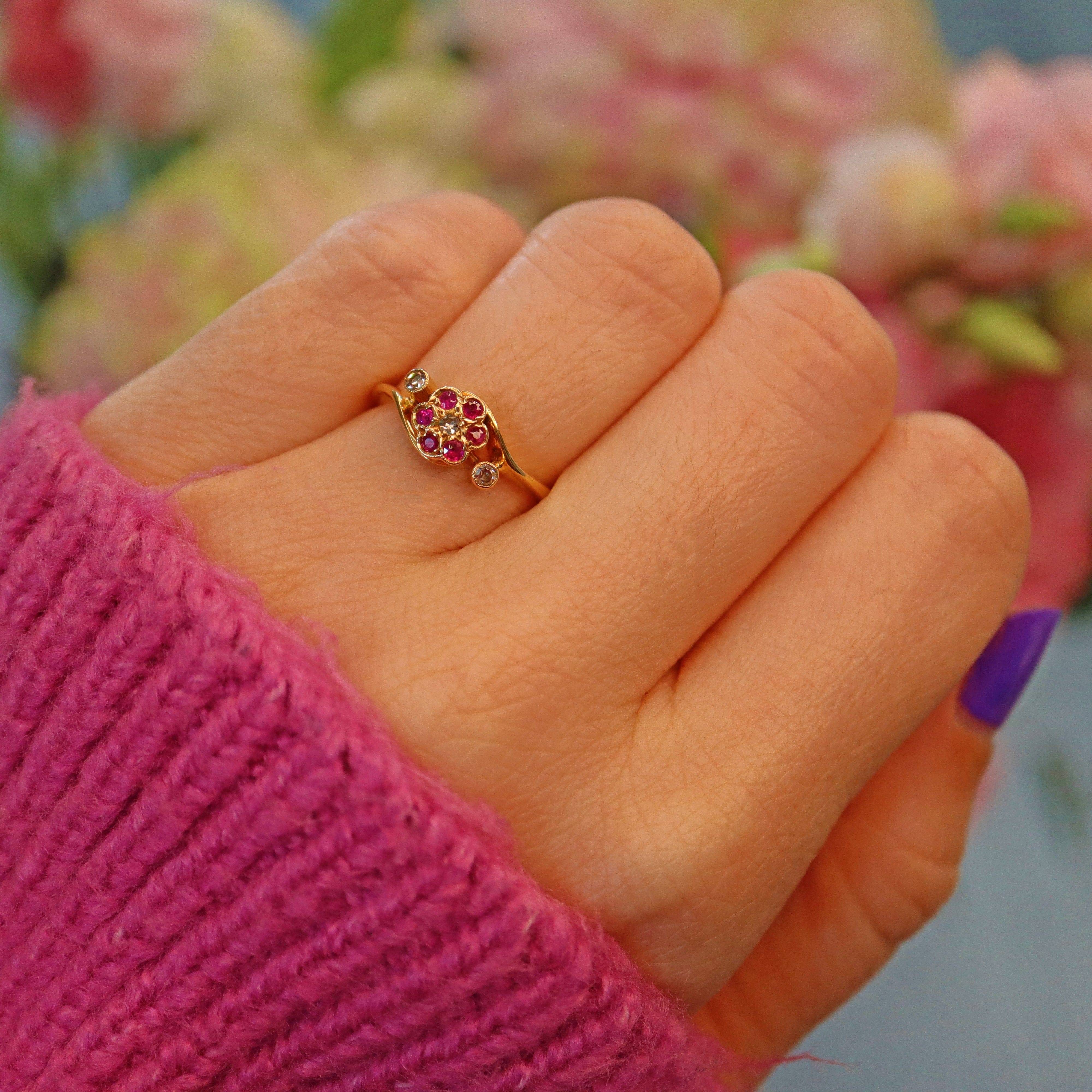 Ellibelle Jewellery Edwardian Ruby & Diamond Daisy Crossover Ring