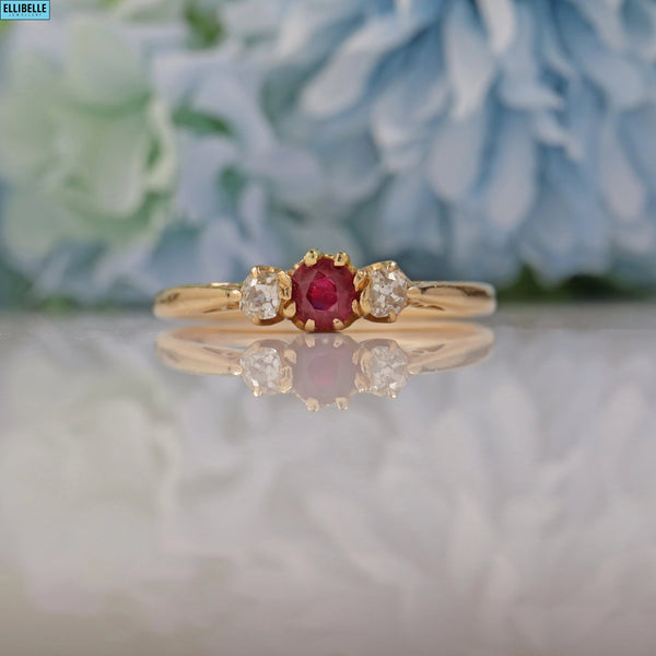 Ellibelle Jewellery EDWARDIAN RUBY & OLD-CUT DIAMOND THREE-STONE RING