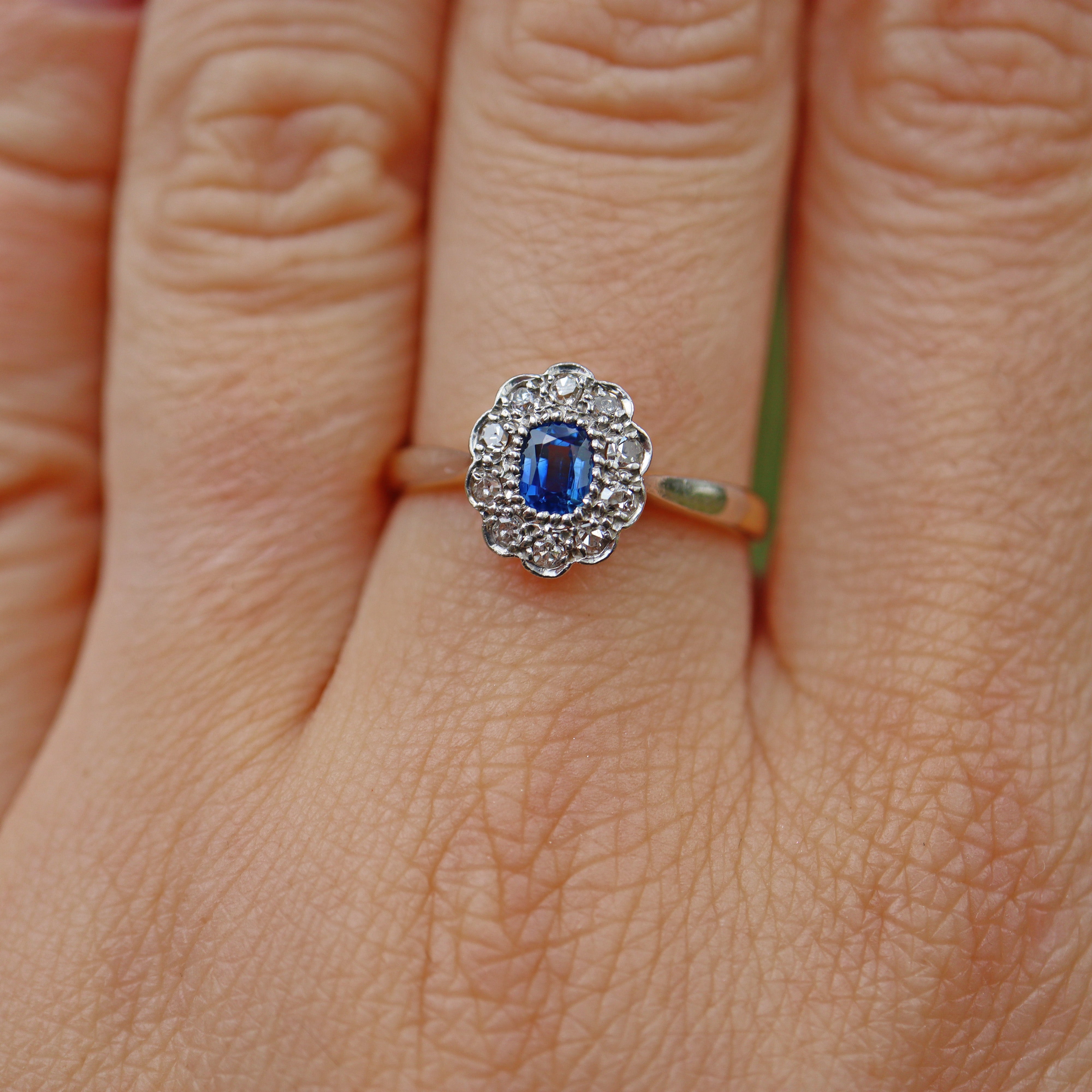 Ellibelle Jewellery EDWARDIAN SAPPHIRE & DIAMOND 18CT GOLD CLUSTER RING