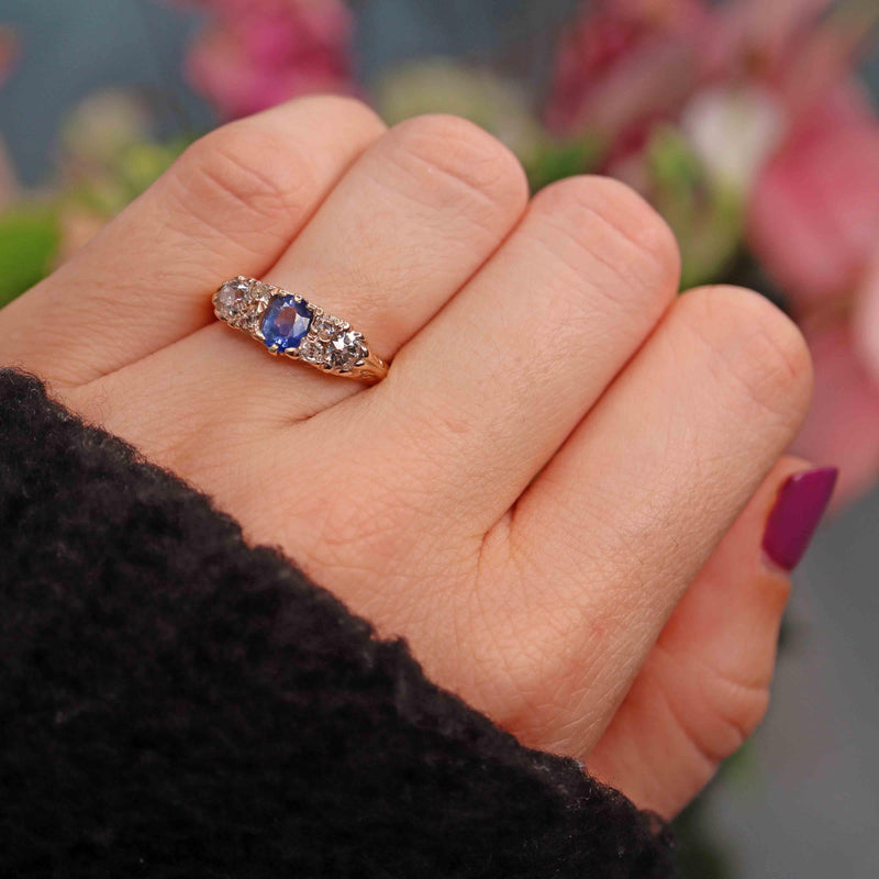 Ellibelle Jewellery Edwardian Sapphire & Old Cut Diamond Carved Half Hoop Ring