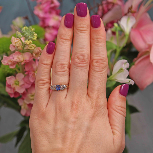 Ellibelle Jewellery Edwardian Sapphire & Old Cut Diamond Carved Half Hoop Ring