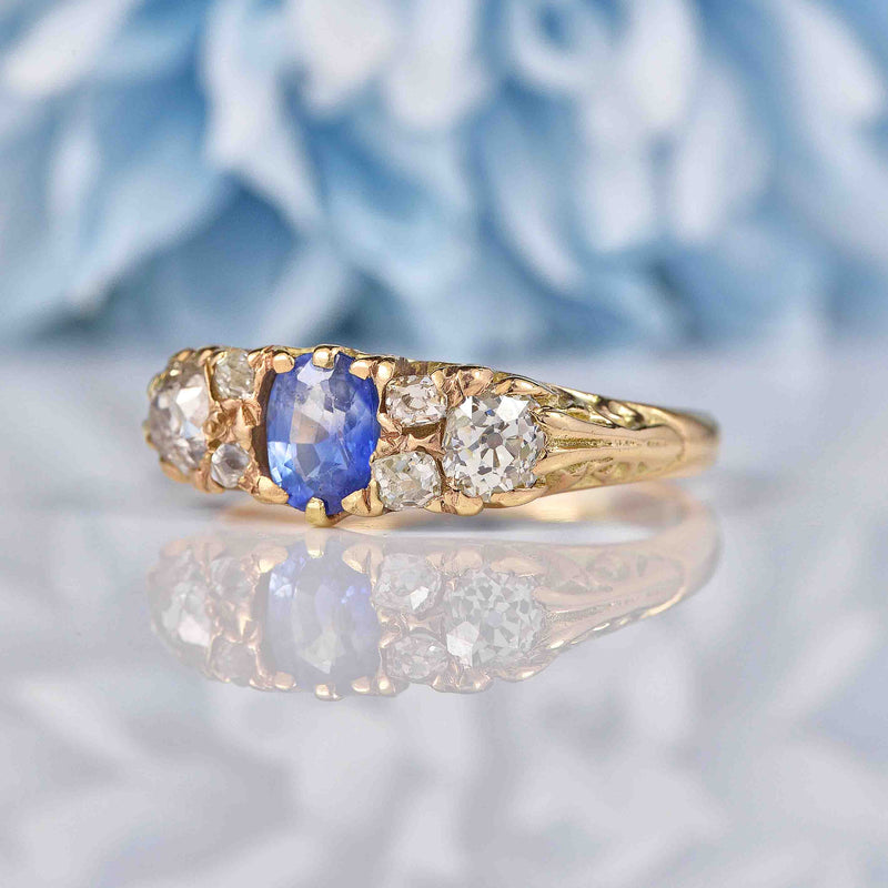 Ellibelle Jewellery Edwardian Sapphire & Old Cut Diamond Carved Half Hoop Ring