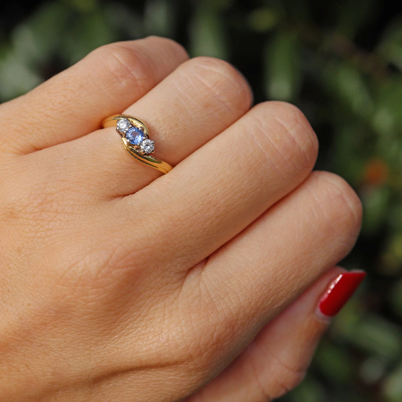 Ellibelle Jewellery Edwardian Style Ceylon Sapphire & Diamond Three Stone Ring