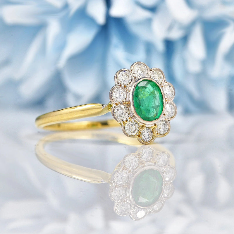 Ellibelle Jewellery Edwardian Style Emerald & Diamond Gold Cluster Ring