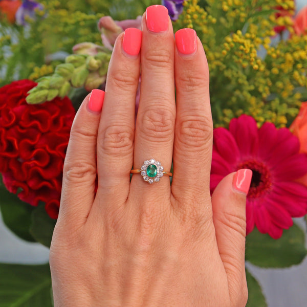 Ellibelle Jewellery Edwardian Style Emerald & Diamond Gold Cluster Ring