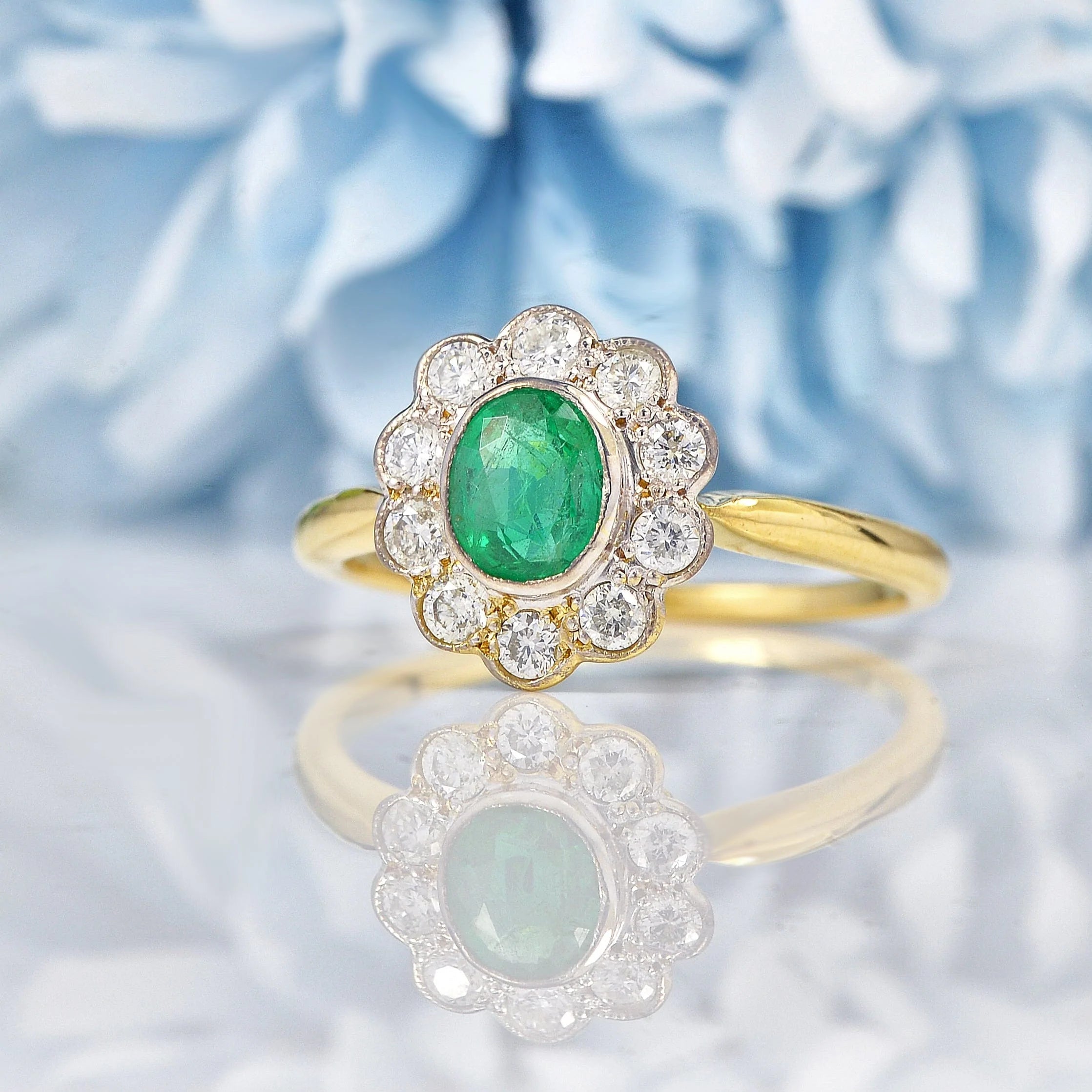 Ellibelle Jewellery Edwardian Style Emerald & Diamond Gold Cluster Ring