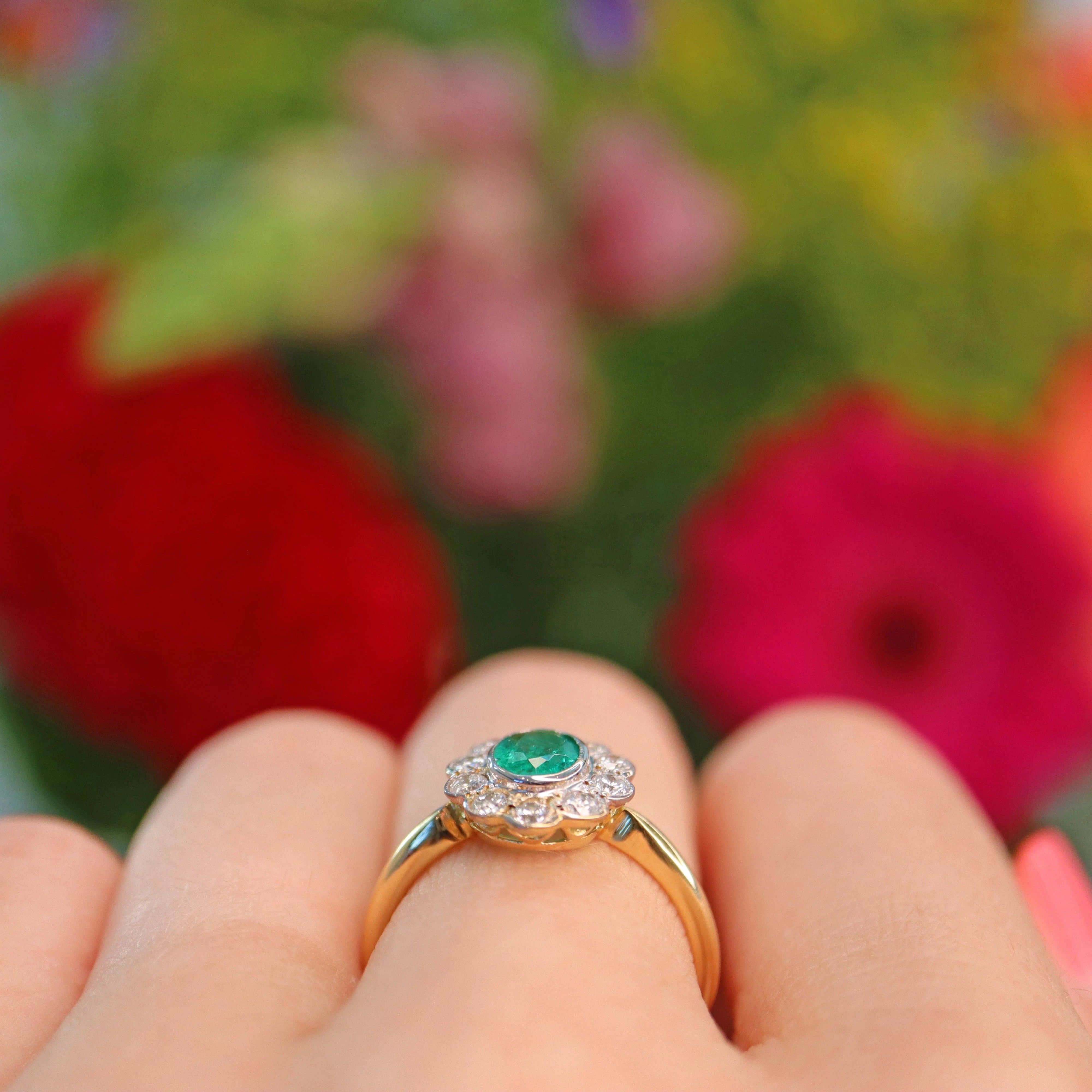 Ellibelle Jewellery Edwardian Style Emerald & Diamond Gold Cluster Ring