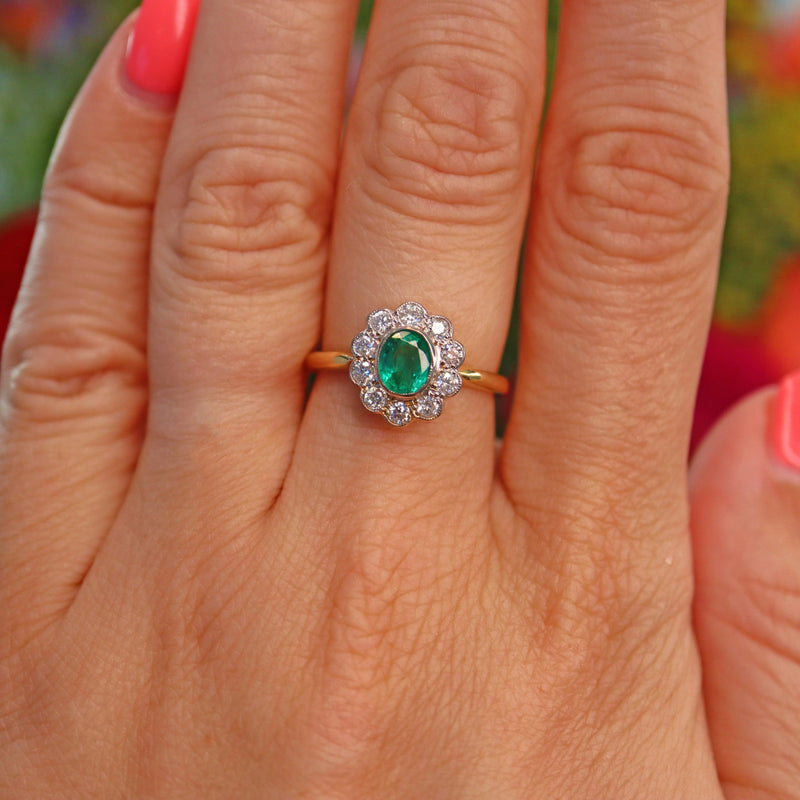 Ellibelle Jewellery Edwardian Style Emerald & Diamond Gold Cluster Ring