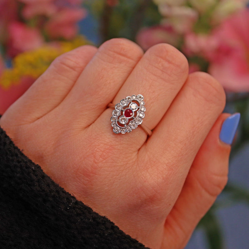 Ellibelle Jewellery Edwardian Style Ruby & Diamond White Gold Ring