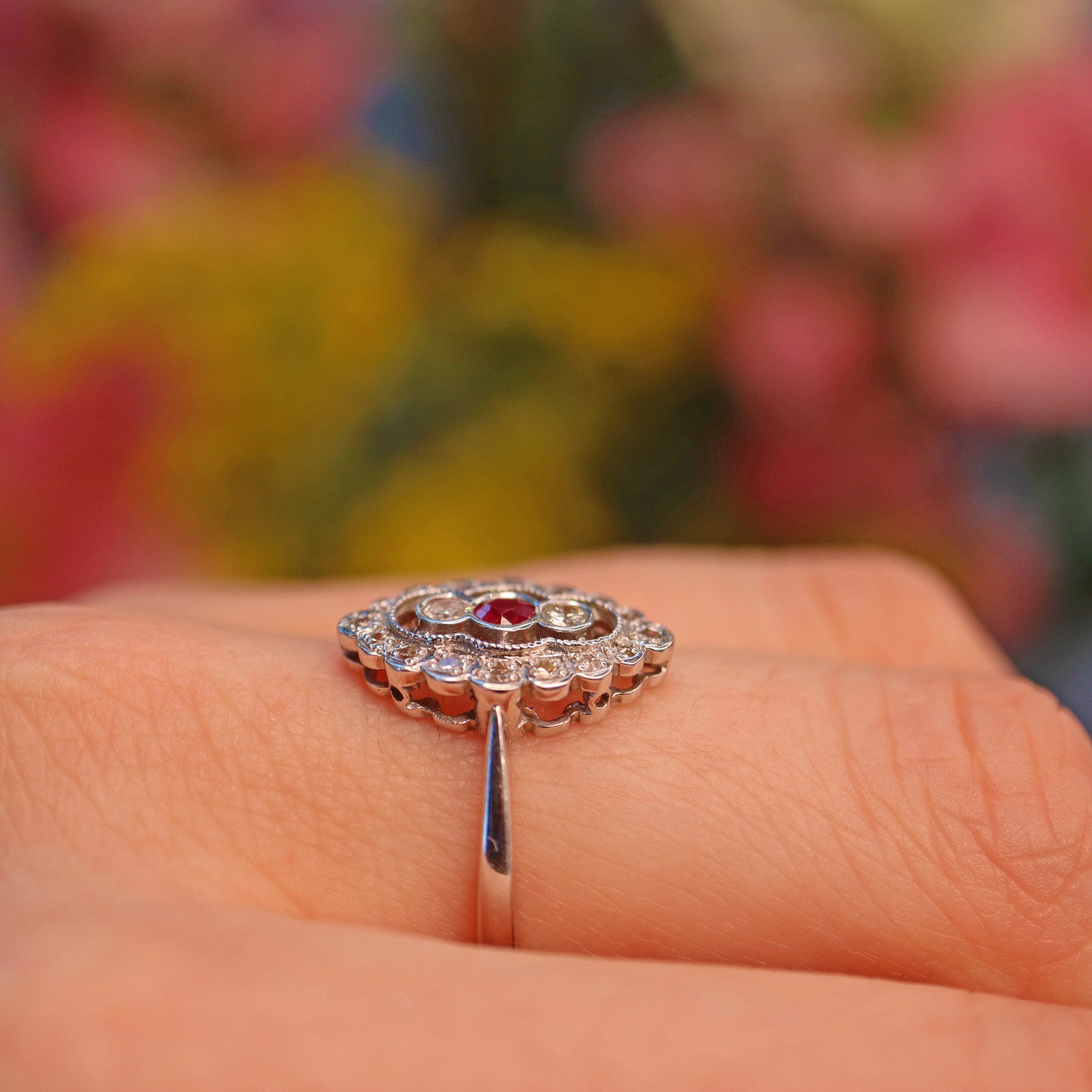 Ellibelle Jewellery Edwardian Style Ruby & Diamond White Gold Ring