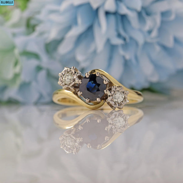 Ellibelle Jewellery EDWARDIAN STYLE SAPPHIRE & DIAMOND 18CT GOLD BYPASS RING