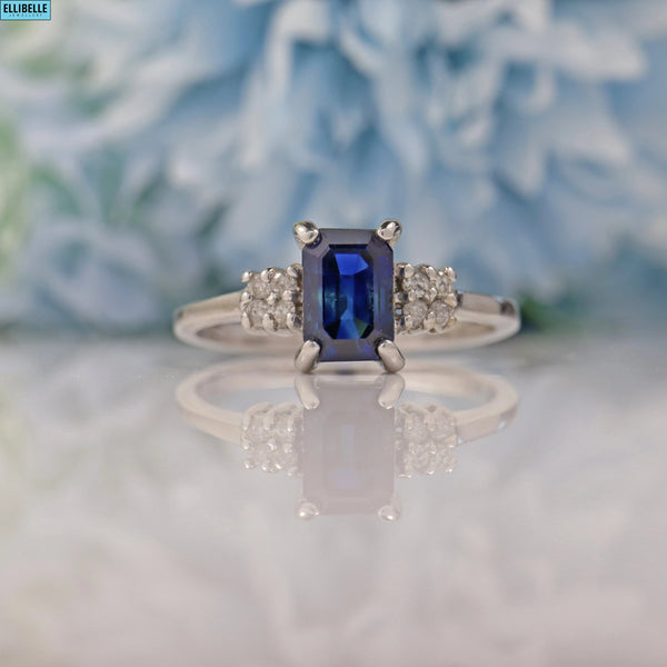 EMERALD-CUT SAPPHIRE & DIAMOND 18CT WHITE GOLD RING