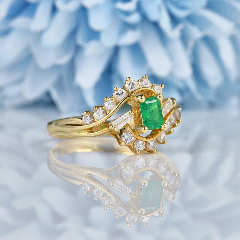 Ellibelle Jewellery Emerald & Diamond 14ct Gold Crossover Ring