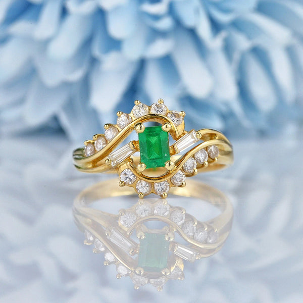 Ellibelle Jewellery Emerald & Diamond 14ct Gold Crossover Ring