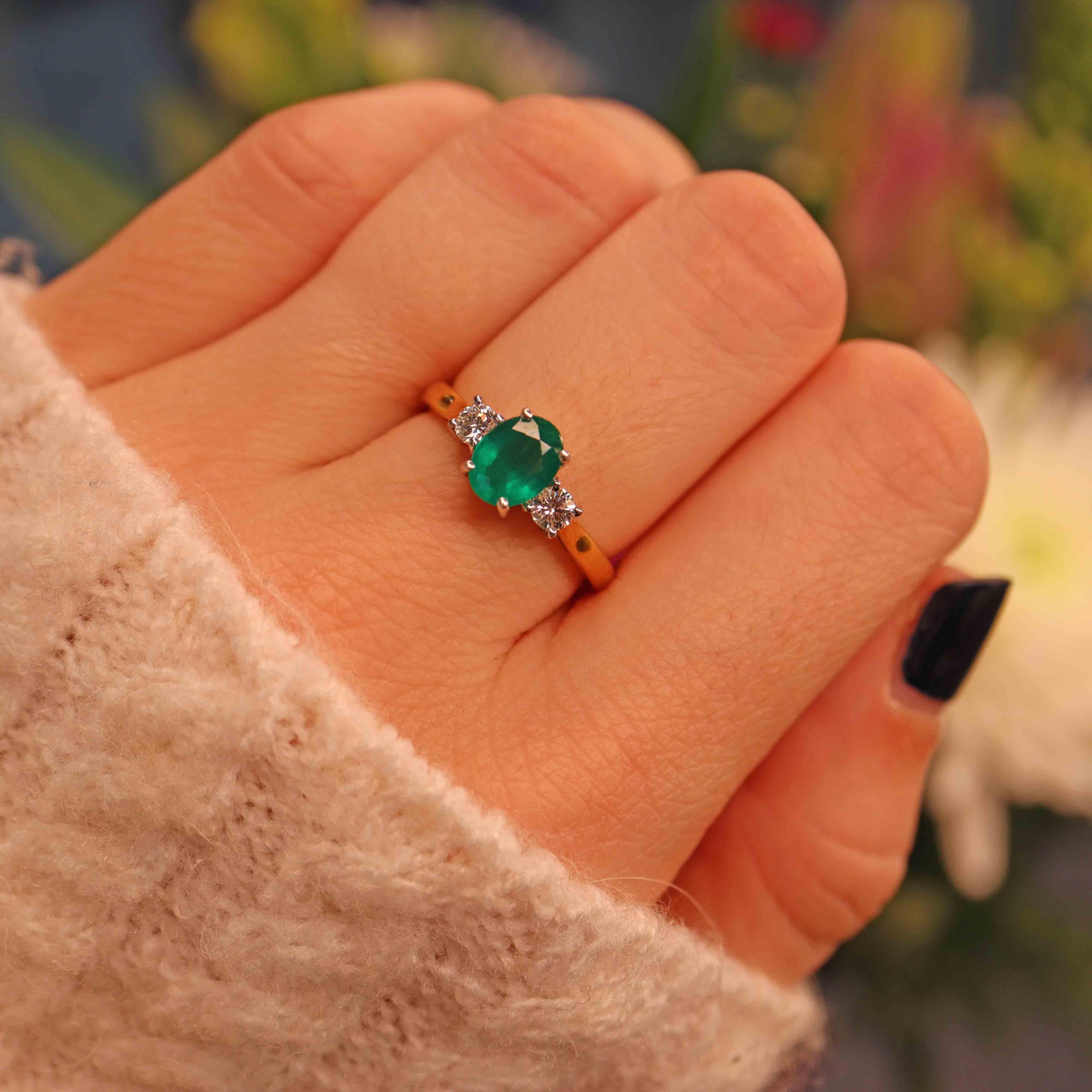 Ellibelle Jewellery Emerald & Diamond 18ct Gold Three Stone Engagement Ring