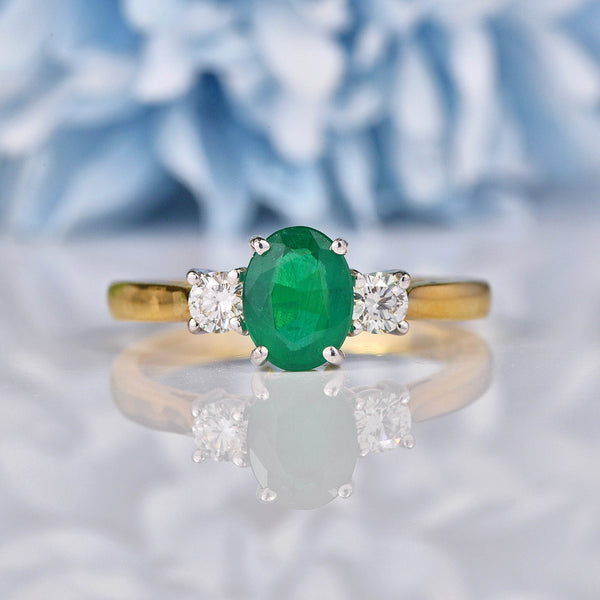 Ellibelle Jewellery Emerald & Diamond 18ct Gold Three Stone Engagement Ring