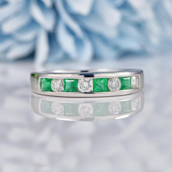 Ellibelle Jewellery Emerald & Diamond 18ct White Gold Half Eternity Wedding Band Ring