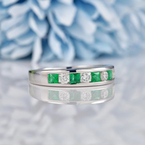 Ellibelle Jewellery Emerald & Diamond 18ct White Gold Half Eternity Wedding Band Ring