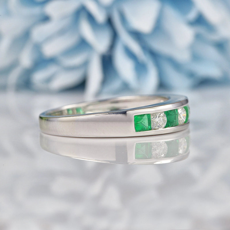 Ellibelle Jewellery Emerald & Diamond 18ct White Gold Half Eternity Wedding Band Ring