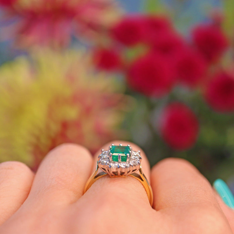 Ellibelle Jewellery Emerald & Diamond 18ct Yellow Gold Cluster Ring