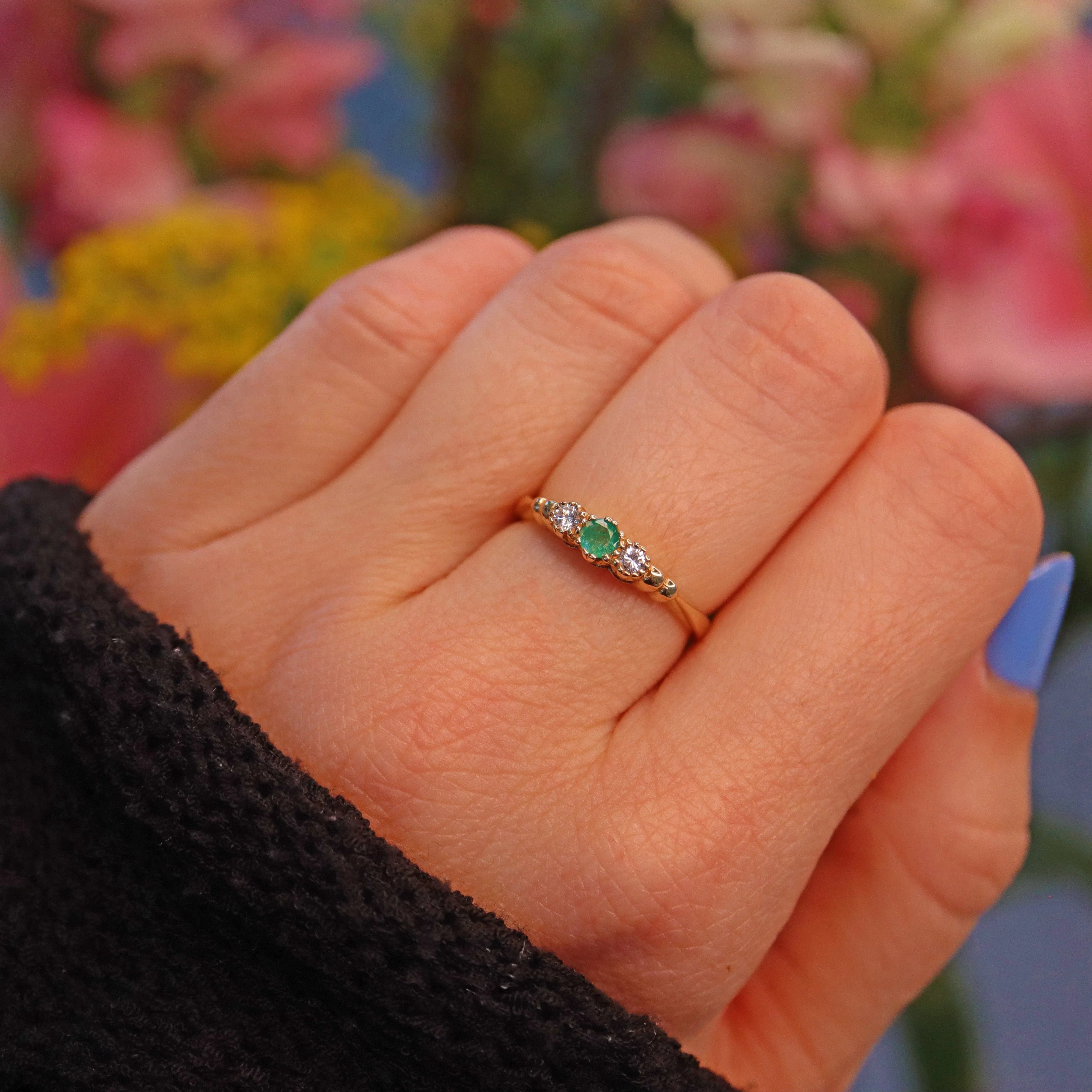 Ellibelle Jewellery Emerald & Diamond 9ct Gold Trilogy Ring
