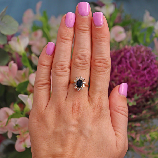 Ellibelle Jewellery French Natural Blue Sapphire & Diamond Gold Oval Cluster Ring