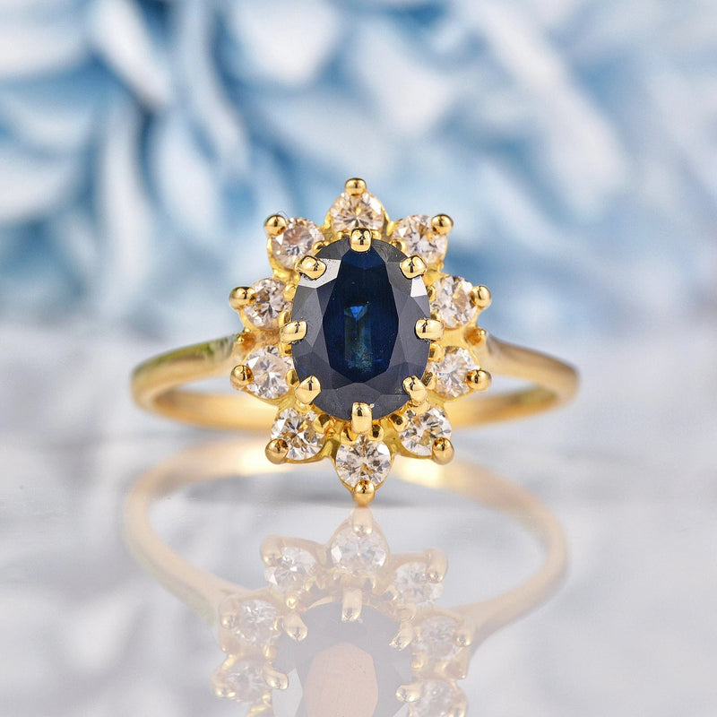 Ellibelle Jewellery French Natural Blue Sapphire & Diamond Gold Oval Cluster Ring