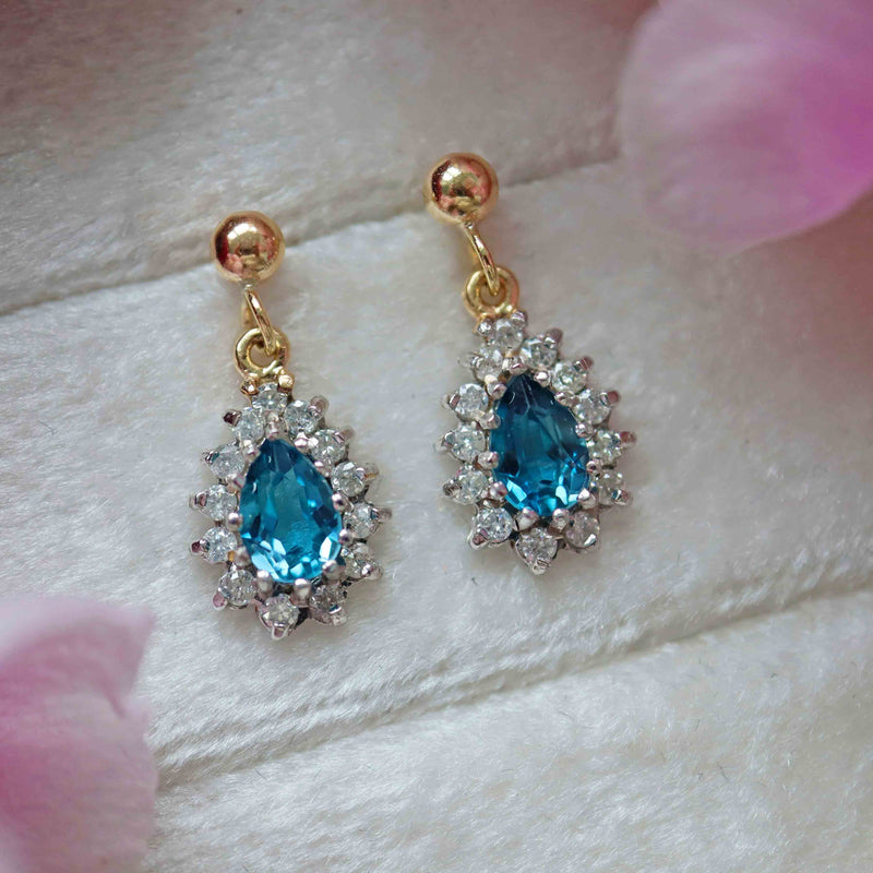 Ellibelle Jewellery London Blue Topaz & Diamond 9ct Gold Teardrop Cluster Earrings